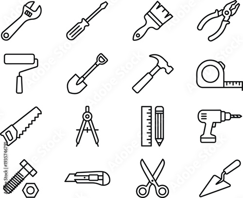 Hand Tools and Construction Equipment Line Icon Set with Wrench, Hammer, Drill, Saw, Pliers, Paint Roller and Measuring Instruments