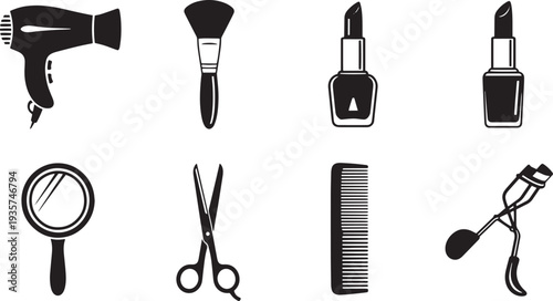 A set of vector line art silhouettes featuring various beauty and hair care tools and accessories