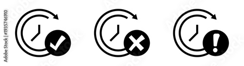 Conjunto de iconos de estado del tiempo. Confirmación de proceso, cancelación de actividad, advertencia operativa, control de plazos, gestión de tareas. Ilustración vectorial lineal