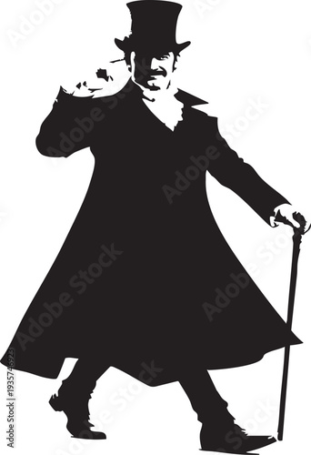 Victorian gentleman in top hat and coat walking with cane smoking cigar elegant silhouette