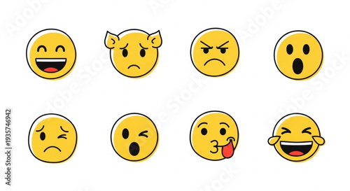 Collection of diverse yellow emoji faces showing various emotions.