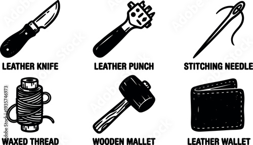Hand drawn line art top view leather craft tools icons set with knife punch needle waxed thread mallet and wallet closeup