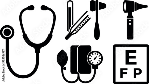 Flat design close up medical diagnostic icons showing stethoscope sphygmomanometer otoscope reflex hammer thermometer clinical eye chart black silhouettes isolated