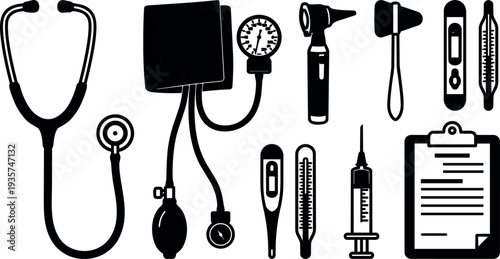 Flat design close up medical instrument icons set stethoscope blood pressure cuff digital thermometer syringe otoscope reflex hammer clipboard vector