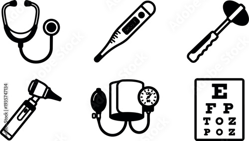 Flat design close up set of six medical icons showing stethoscope thermometer reflex hammer otoscope sphygmomanometer and eye chart vector