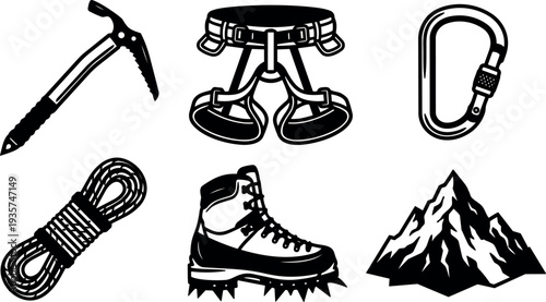Line art top view climbing gear icons ice axe harness carabiner rope crampon boot mountain black and white vector set