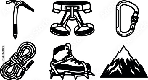 Line art vector set of mountaineering gear icons showing ice axe harness carabiner rope crampon boot mountain black outline isolated