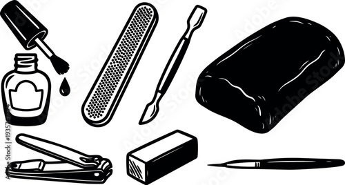 Minimalist line art flat lay nail care kit with nail polish brush clippers nail file buffer cuticle pusher soap high contrast