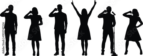 Singer silhouettes collection with male and female vocalists performing with microphone stage performance music concert vector illustration isolated black set