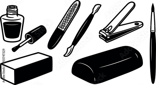 Line art close up set of nail care tools including nail polish file clippers and brush arranged on white background