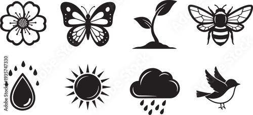 A set of vector line art silhouettes featuring nature icons including a flower, butterfly, sprout, bee, raindrop, sun, cloud, and bird