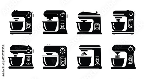 Collection of black silhouette kitchen stand mixers in various styles