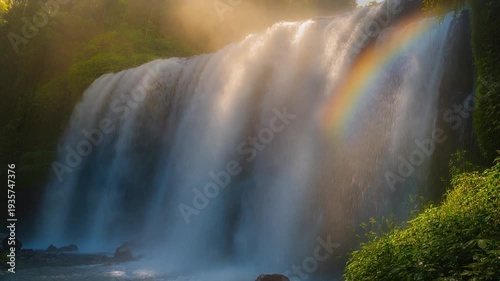 Waterfall with a Vibrant Rainbow and Golden Sunlight Through Lush Forest