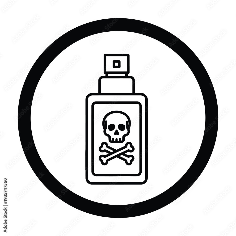 Obraz premium Black and white circular emblem featuring a poison symbol with a skull and crossbones inside a small bottle with a nozzle