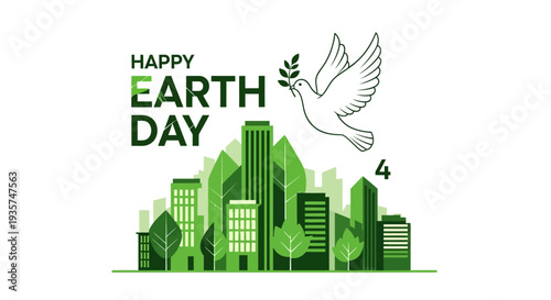 Happy Earth Day cityscape with dove holding olive branch