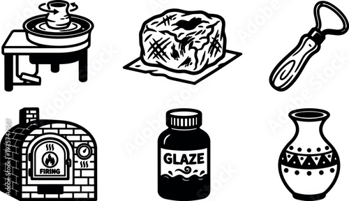 Line art pottery icons showing potter shaping clay on wheel with loop tool kiln glaze jar and finished vase studio
