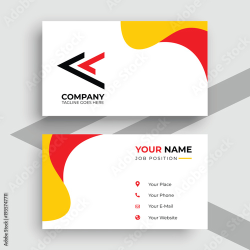 Modern professional business card template with red and yellow abstract fluid shapes and clean minimalist layout