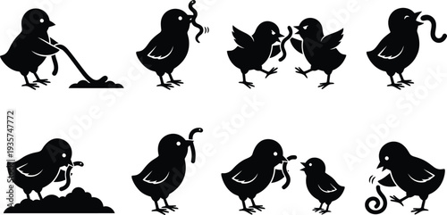 Vector illustrations of playful birds interacting and foraging for worms in a whimsical style