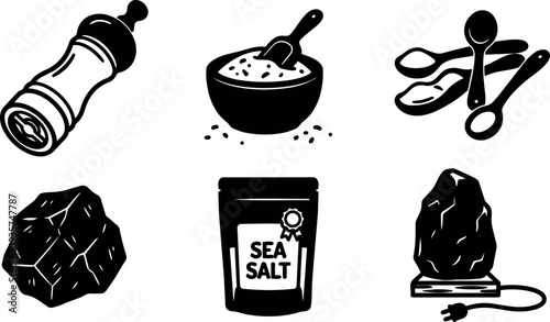 Flat design spice icon set showing pepper grinder bowl measuring spoons sea salt bag rock salt lamp vector kitchen collection