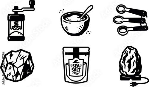 Line art kitchen salt icon set up six icons salt grinder bowl measuring spoons rock crystal sea salt pouch lamp