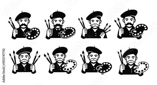 An artist s tools and portrait a black and white illustration