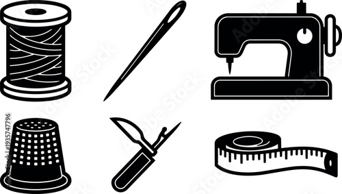Flat design black sewing icons set close up spool needle sewing machine thimble seam ripper measuring tape isolated vector silhouette