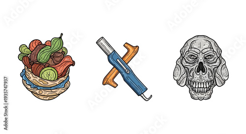 Vibrant tattoo designs of skull, hot dog, and staple gun