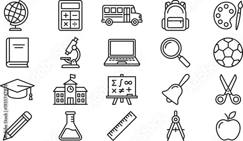 School Education and Learning Line Icon Set with Globe, Microscope, Laptop, Graduation Cap, Ruler, School Bus and Classroom Study Symbols