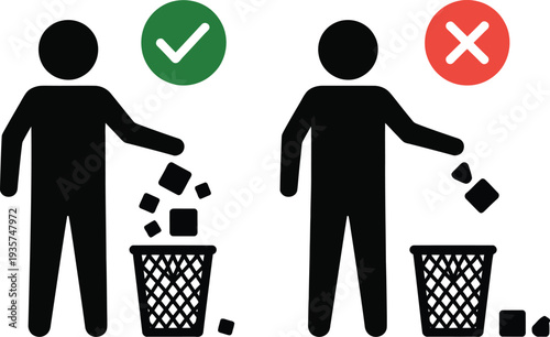 Proper waste disposal and littering warning illustration icons