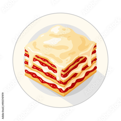 A square slice of lasagna on a simple plate with meat sauce, béchamel sauce, and golden-brown pasta sheets. 