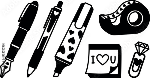 Flat design set of romantic stationery icons fountain pen ballpoint highlighter tape sticky note paper clip ring closeup black silhouette