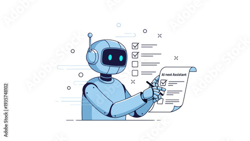 Blue robot completing checklist with ai next assistant scroll
