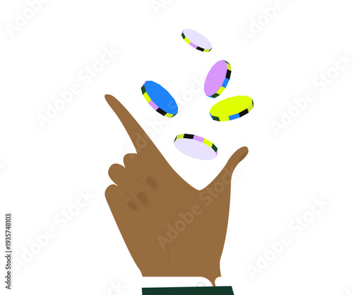 Conceptual illustration of a coin toss symbolizing financial risk, uncertainty, and chance. Upwardly aimed hand releasing coins. 