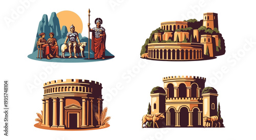 Ancient Roman architecture and people in a scenic landscape