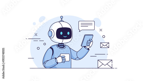 Friendly robot chatting and holding coffee illustrating technology communication