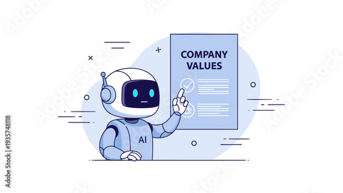 Smiling ai robot presenting company values with checklist graphic