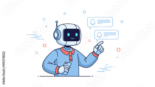 Friendly robot chatting and holding smartphone with notification icons