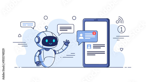 Friendly robot interacting with smartphone messages in a digital environment