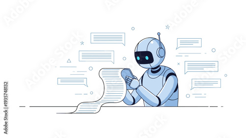 Friendly robot analyzing data on smartphone with chat bubbles and long scroll in futuristic setting