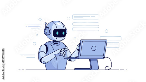 Friendly robot interacting with laptop in futuristic workspace