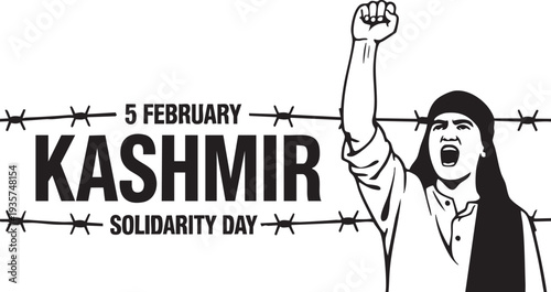 Kashmir Solidarity Day Vector Illustration with Barbed Wire, Raised Fist, and Protester Silhouette for 5 February Commemoration