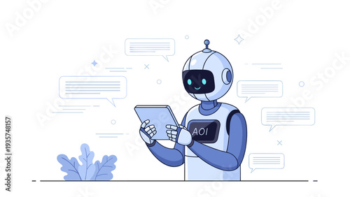 Friendly robot interacting with tablet in minimalistic design