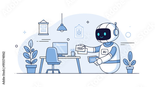 Ai robot organizing workspace with desk and laptop in modern office setting