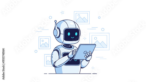 Cheerful robot with tablet interacting with digital images in a futuristic setting