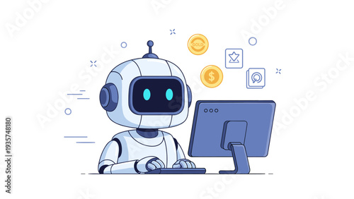 Cartoon robot using computer with floating digital currency icons
