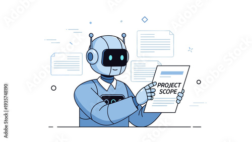 Robot analyzing project scope document in office setting