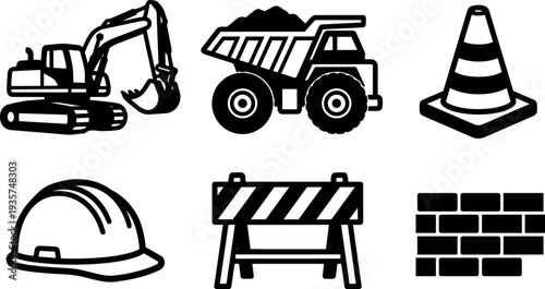 Flat design construction icon set showing excavator dump truck safety cone hard hat barrier and brick wall in bold silhouette