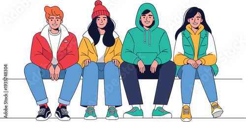 Group of Young Friends Sitting Together Cartoon Vector Illustration of Happy Teenagers in Casual Winter Clothing