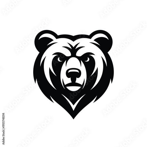 A striking black and white illustration of a grizzly bear s head