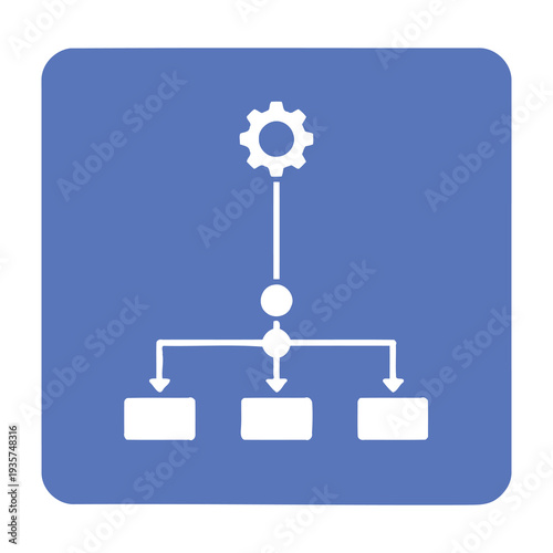 Blue geometric flowchart with central gear symbol and three descending arrows connecting to rectangular boxes